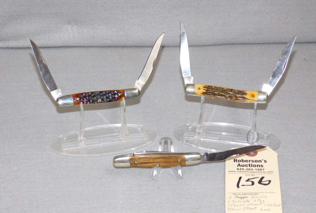 6 - Knives of Different Makers: 6 - Knives incl : 1 - 3 Muskrat Knives; 1 - 1 Canal St. Cutlery Chestnut; 1 - Canal St. Bone; 1 - Schrade Stag - All 4 " in VG Cond.