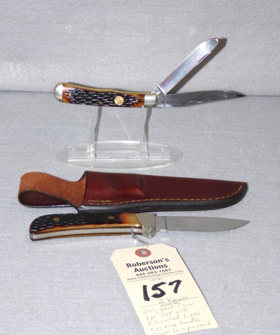 Early 2005 Canal St. 2 Pc. Knife Set: Early 2005 Canal St. 2 Pc. Knife Set w/Fileworth Liners & Jig Bone Handles, Trapper Has Pin Crack in Gd. Cond. 4 1/4", 9" w/Sheath