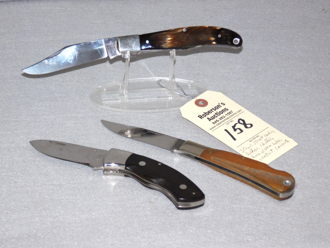 3 - Canal St. Cutco Folding Knives: 3 - Canal St. Cutco Locking Folding Knives: 1 - Buffalo Horn w/Worm Holes; 1 - Chestnut; 1 - Micarta in VG Cond. - 4 1/2; 5 "; 5 1/4"
