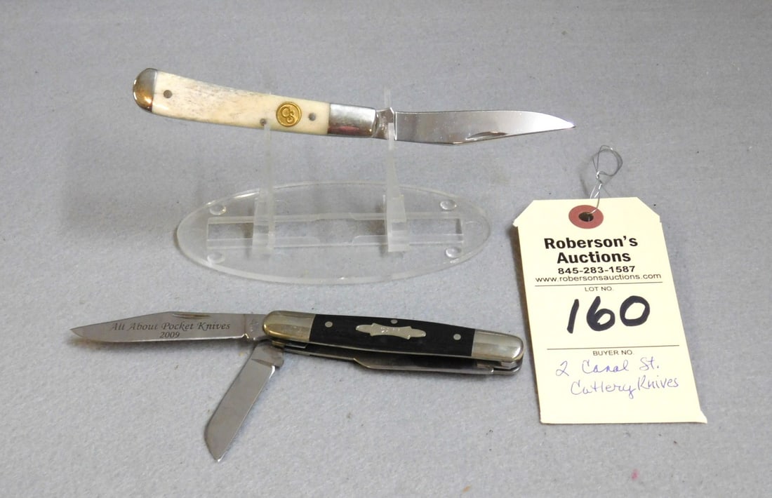 2 - Canal St. Cutlery Knives: 2 - Canal St. Cutlery Knives: 1 - Bone Handle Single Blade Trapper 4"; 1 - Ebony Stockman 4" AAPK Club Knife in VG Cond.