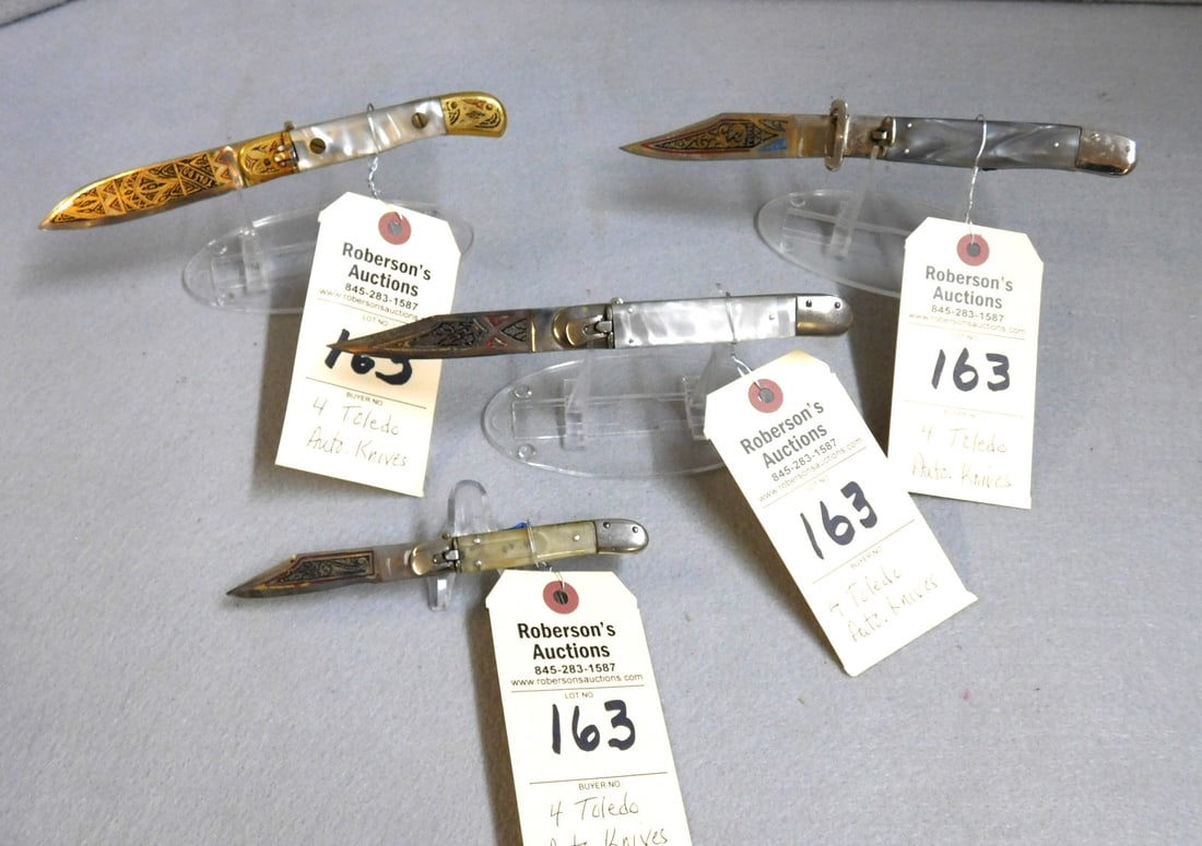 4 - Toledo Automatic Knives: 4 - Toledo Automatic Knives: 1 - 5" Closed w/Shot Shell Puller & Clip Blade, No Wobble; 1 - 5 1/2" Closed w/Clip Blade, Plastic Handles, Fires Well, No Wobble; 1 - 4 1/2" Closed w/Spear Blade, Brass B