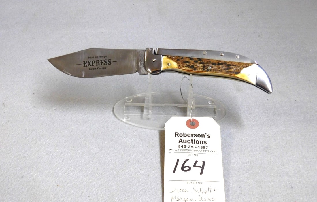 Queen Schatt & Morgan Auto. Knife: Queen Schatt & Morgan Automatic Knife w/Lg. Clasp, Stag Handles, Etched Blade, Fires Well, No Wobble, 5 1/4" in VG Cond.