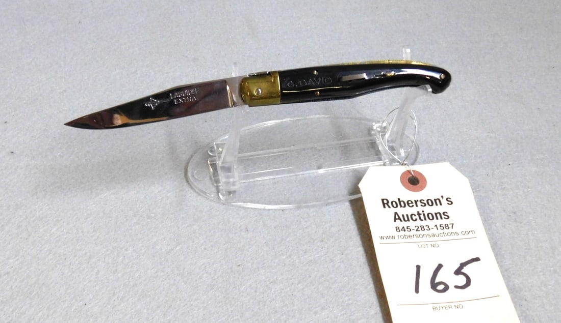 Laguiole G. David Automatic Knife: Laguiole G. David Automatic Knife, 4 1/4", Horn Handles, no cracks, brass bolsters, fires well, no wobble, Very good Condition