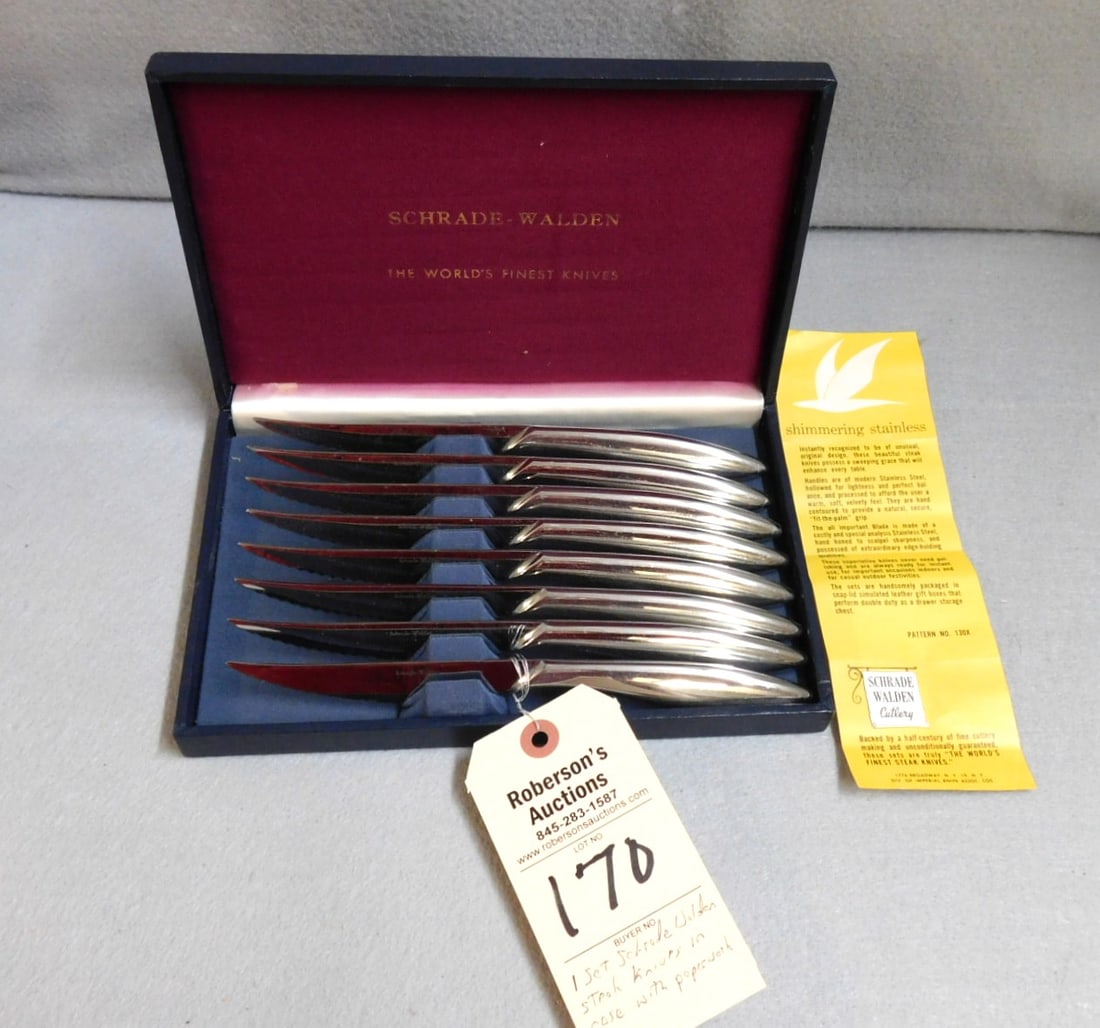 1 Set of Schrade Walden Steak Knives: 1 Set of Schrade Walden Steak Knives, Encased with paper work, Case 9 1/2 x 6 1/8 x 1 3/4", Very good condition