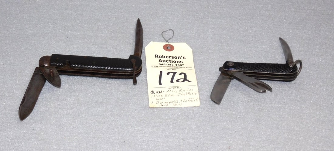 2 - World War I Navy Folding Knives: 2 - World War I Navy Folding Knives: 1 - Hale Bros. Sheffield; 1 - 1943 Davenport WWII Sheffield, 5" & 3 3/4", Good condition