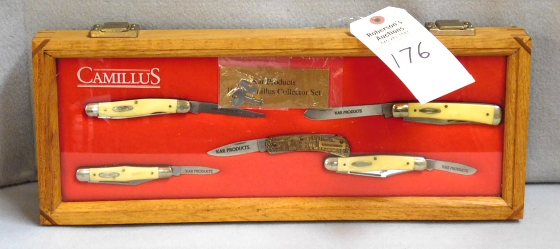 Camillus Kar Products Collector Set Knife: Camillus Kar Products Collector Set w/Kar Products, Etched Blade w/Case, Gd Cond., Case 18 x 7 x 1 3/4"