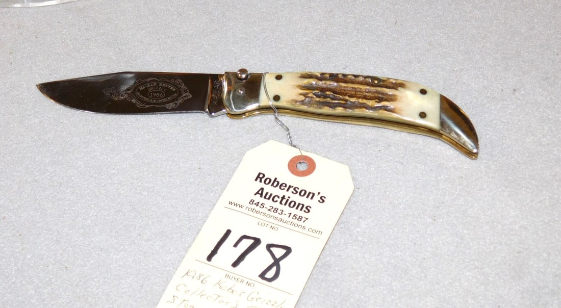 Ka- bar Grizzly 1986 Collector's Edition Knife: Ka- bar Grizzly 1986 Collector's Edition Knife, 5 1/2", Stag Handles, No cracks, Fires well, No wobble, VG Cond.