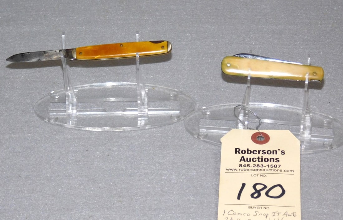 2 - Unusual Automatic Knives: 2 - Unusual Automatic Knives: 1 - Camco Back Lock Release Knife, 3 1/8", Fires Well, Some Wobble w/ Celluloid Handles; 1- Center Pin Crack, Gd. Cond.; 1 - Bartsch Back Lock Automatic Knife, 3 1/8", Ji