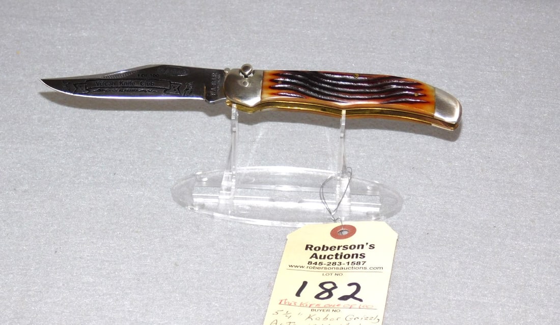 Ka-bar Grizzly Automatic Knife: Ka-bar Grizzly Automatic Knife, 5 1/4", (1984 Vulcan Knife Club Knife) w/ Etched Blade, Bond Handles, No cracks, Fires well, VG Cond.