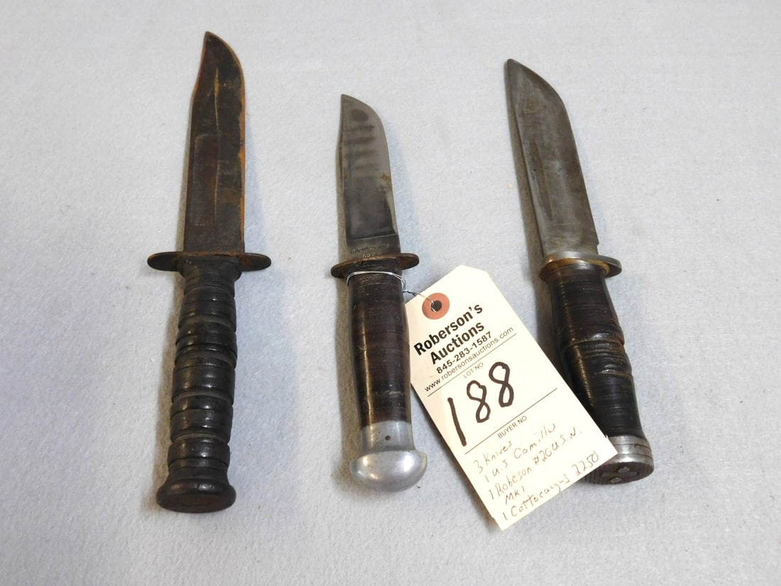 3 Knives: Camillus, Robeson, Cattaraugus: 3 Knives: 1 - US Camillus; 1 - Robeson #20 USN MK 1; 1 - Cattaraugus #2250, All with Leather Handles, Gd. Cond., 10", 10 1/2", 12"