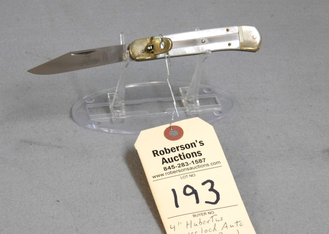 Hubertus Lever Lock Automatic Knife: Hubertus Lever Lock Automatic Knife, 4", MOP Handles, No cracks, Skinless Etched Blade, no wobble in VG Cond.