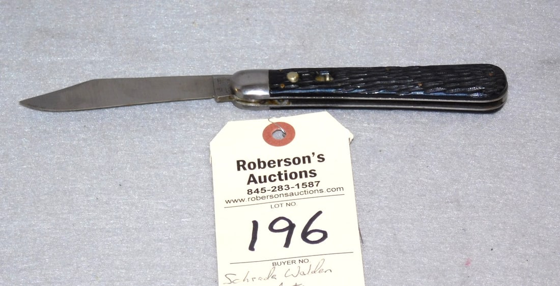 Schrade Walden Automatic Knife: Schrade Walden Automatic Knife, 4 7/8", Black Plastic Peachseed Handles, no cracks, fires well, no wobble, no peek, in VG Cond.