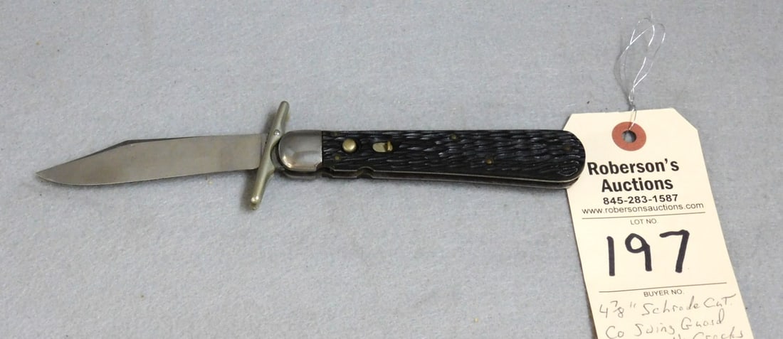 Schrade Cutco Swing Guard Auto. Knife: Schrade Cutco Swing Guard Autotmatic. Knife, 4 7/8", Black Plastic Peachseed Handles, no cracks, fires well, no peeks in VG Cond.