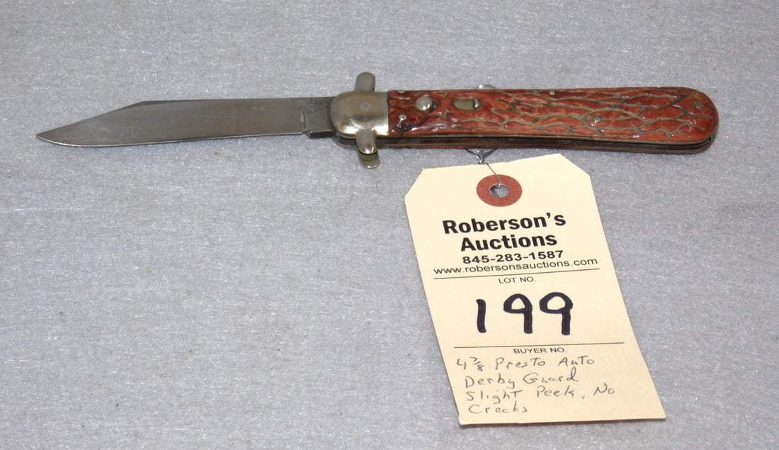 Presto - George Schrade Knife: Presto - George Schrade Automatic Knife, 4 7/8", Nickel Silver Guards, Brown plastic handles, no cracks, slight peek in VG Cond.