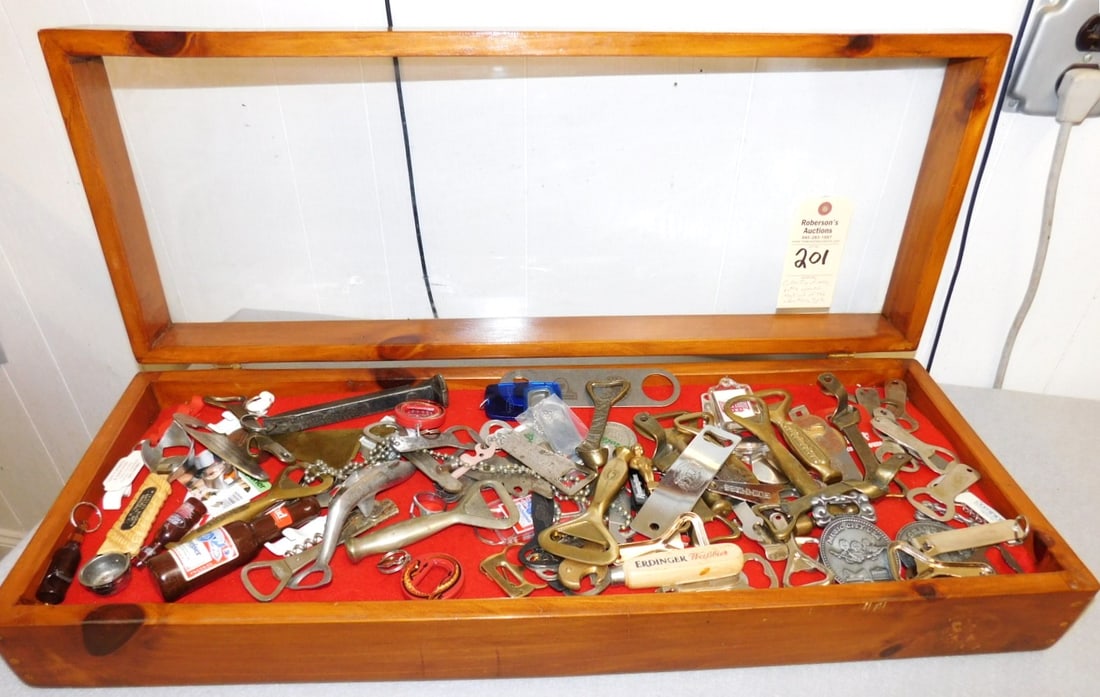 Lg. Collection of Bottle Openers: Lg. Collection of Many Bottle Openers in a Wooden & Glass Case - Most are of the Advertising Type, 70+ Pcs in Gd Cond., Case 31 x 11 1/2 x 6"