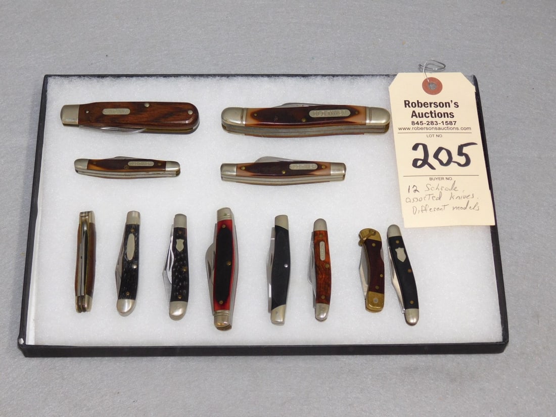 12 - Schrade Assorted Knives: 12 - Schrade Assorted Knives, Different Models in Gd Cond., Knives Range from 2 1/4 to 4 3/4"