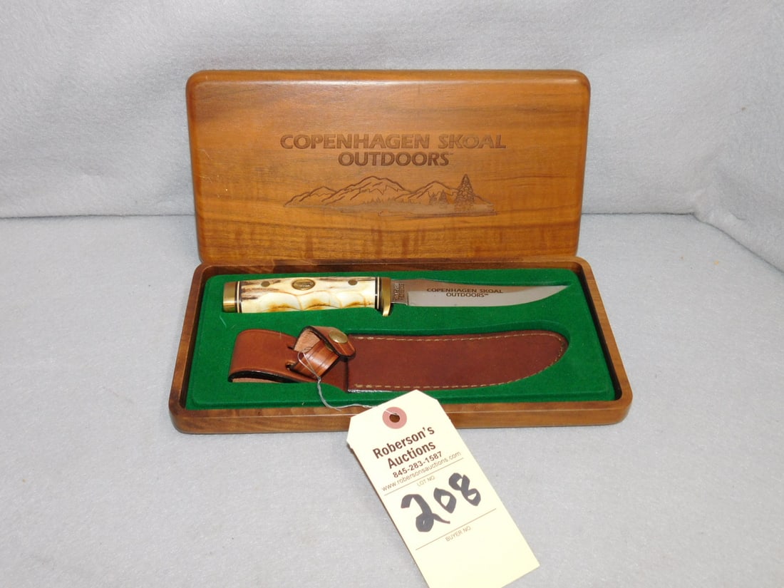 Schrade Copenhagen Stag Handle Knife: Schrade Copenhagen Stag Handle Knife w/Orig. Sheath in Etched Wooden Box, Gd Cond., Case 11 x 5 1/2 x 1 1/2", Knife 9 1/2" to tip