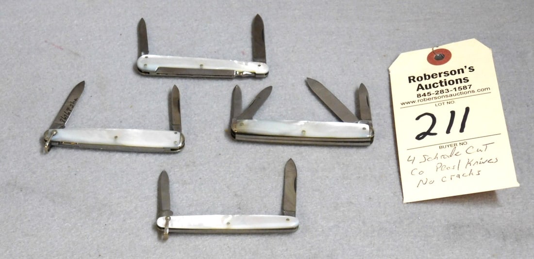 4 - Schrade Cutco Pearl Knives: 4 - Schrade Cutco Mother of Pearl Knives: 1) 3 1/8" 3 Blade Senator, No Cracks 1) 3" Lobster 3 Blade w/Shackle, No Cracks 1) 3" Lobster- No Cracks 1) 2 7/8" Pen Two Blade w/Shackle, No Cracks All in V