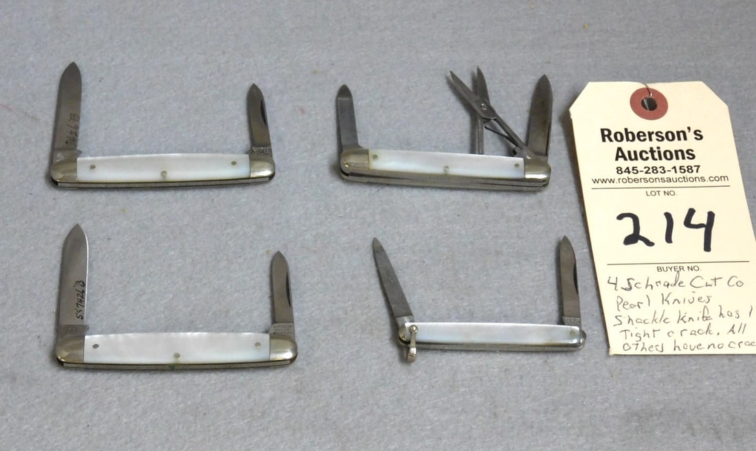 4 Schrade Cutco Mother of Pearl Knives: 4 Schrade Cutco Mother of Pearl Knives: 1) 2 Blade Senator, No Cracks 3 3/16" 1) 2 Blade Pen w/Sissors, No Cracks 3" 1) 2 Blade Senator w/ "Stainless Steel" Etch, No Cracks 3 3/16" 1) 2 Blade Pen Knif