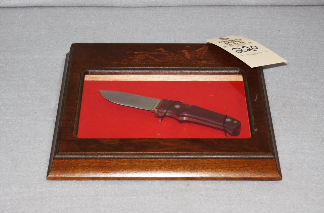 Schrade Loveless Hunter's Knife: Schrade Loveless Drop Point Hunter's Knife, Incased in Wooden Display, VG Cond. - Case 11 x 11x 1 1/2"