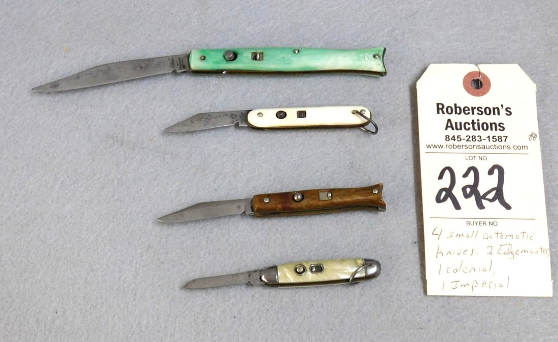 4 - Small Automatic Knives: 4 - Small Automatic Knives: 2 - Edgemaster; 1 - Colonial; 1 - Imperial, in Fair Cond., Ranging in Sz. - 2" to 4"