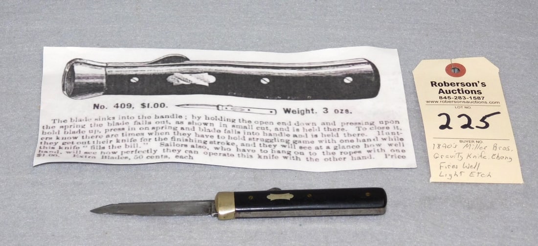 1890's Miller Bros. Gravity Knife: 1890's Miller Bros. Gravity Knife 4 1/4" w/Ebony Handles, Back Locks, Fires Well, Light Etch in GD Cond.
