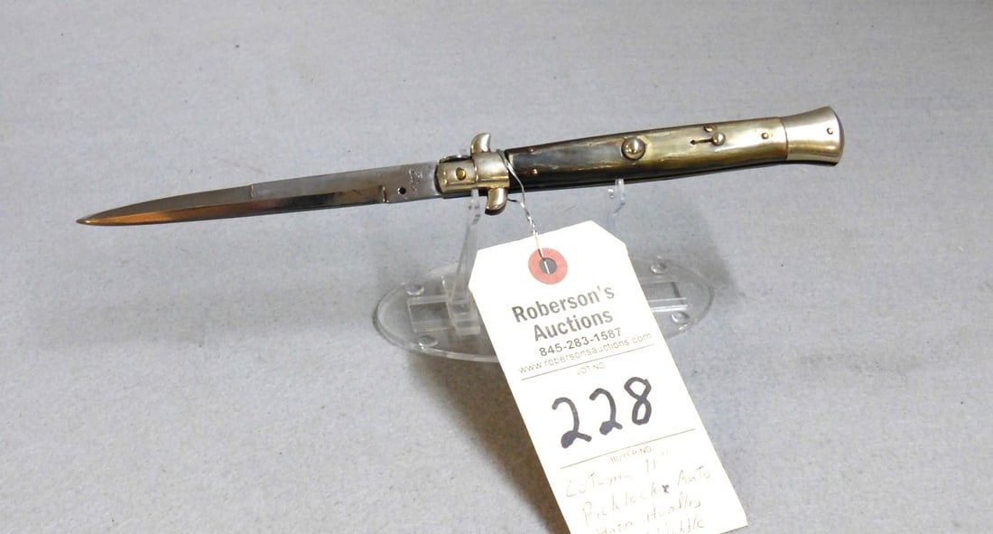 Vintage Latama 11" Picklock Auto. Knife: Vintage Latama 11" Picklock Automatic Knife, Horn Handles, No Cracks, Fires Great, Slight Wobble in VG Cond.