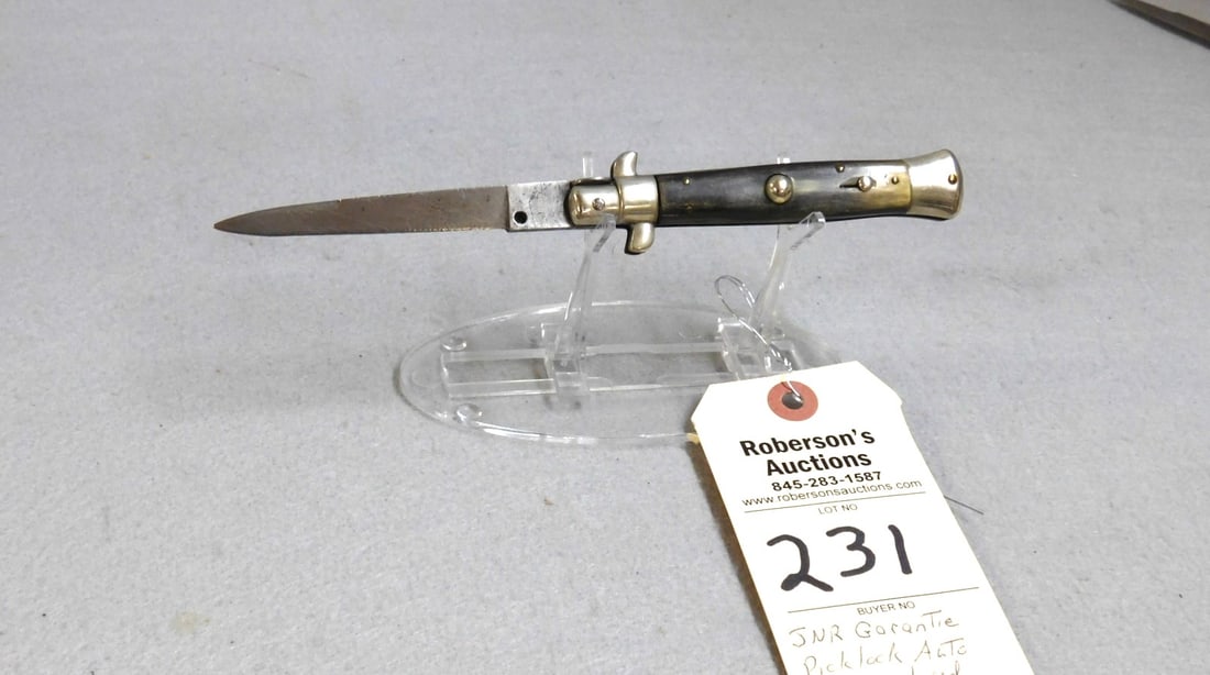 JNR Garantie Picklock Automatic Knife: JNR Garantie Picklock Automatic 4 3/8" Knife Closed, Horn Handles, No Cracks, Fires Well, Slight Wobble in GD Cond.