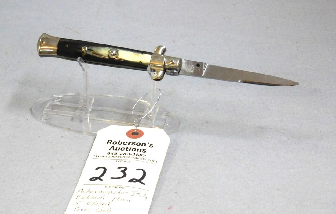 Ackermonsher Italy Horn Handle Knife: Ackermonsher Italy Horn Handle Automatic Picklock Knife Fires Well, 5" Closed in VG Cond.