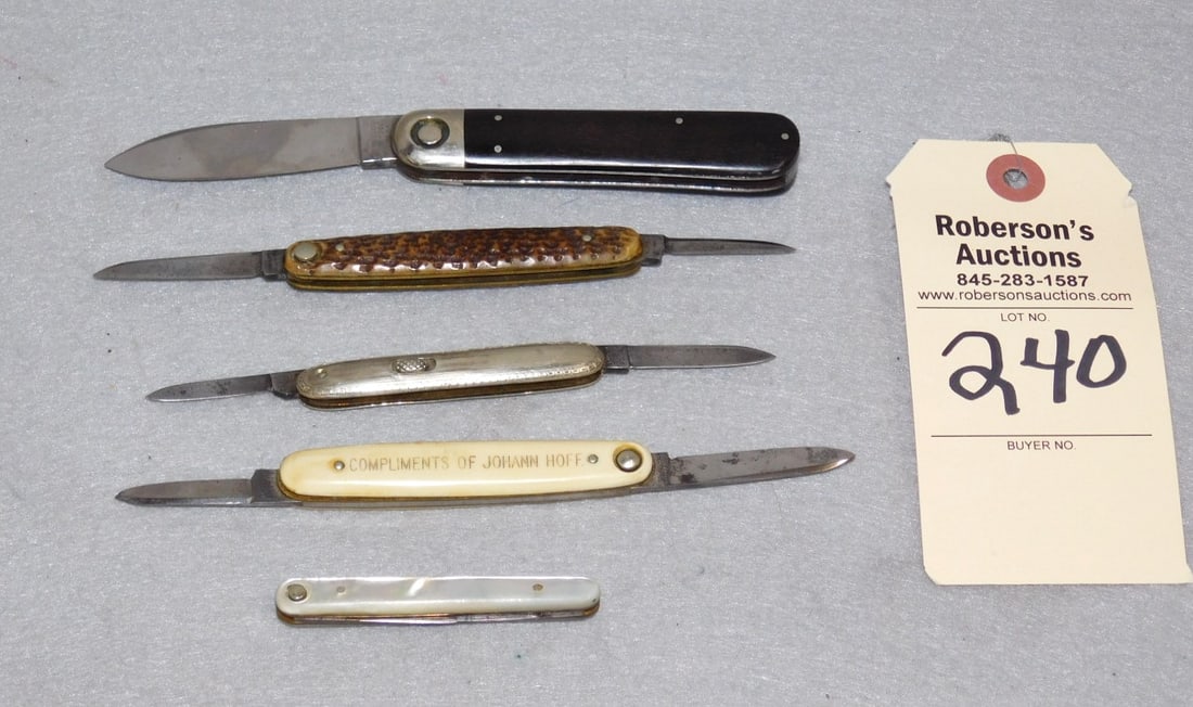 Five Automatic Knives: Five Automatic Knives Incl. 4 Press Button, 1 Flylock, Knives Range from 2 3/4" - 4" in Fair Cond.