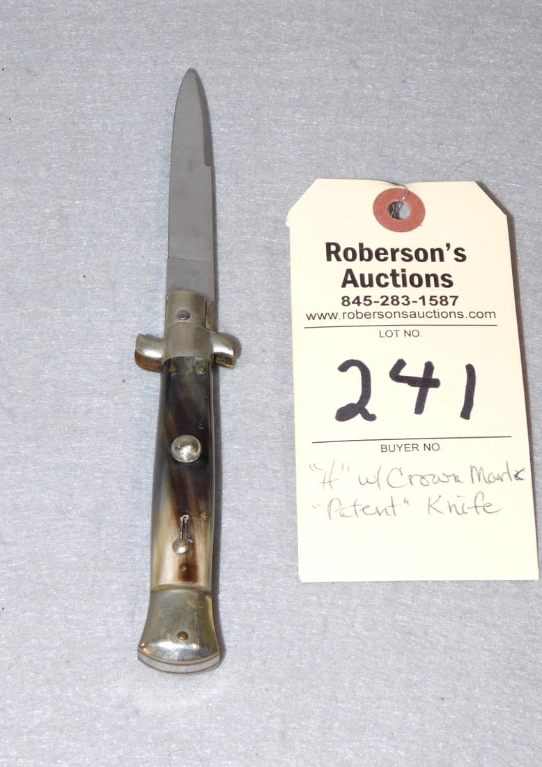 H Crown Knife: H Crown Knife, Reverse of Blade Says "Patent", 4 1/4", Horn Handles, Fires Well, In VG Cond.