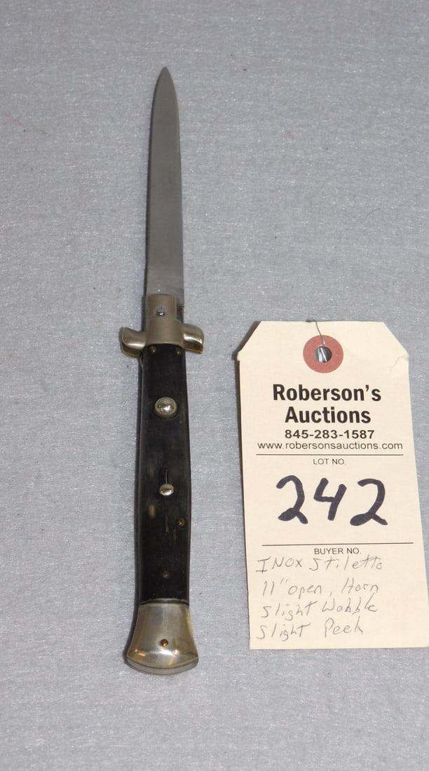 Inox Stiletto Knife: Inox Stiletto Knife - 11" Open, 6" Closed w/Horn Handles, Fires Well, Slight Wobble, Very Slight Peek in VG Cond.
