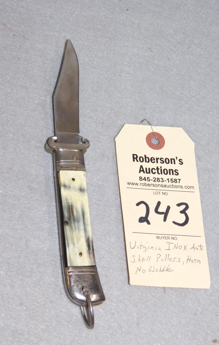Virginia Inox Automatic Knife: Virginia Inox w/Shot Shell Pullers Automatic Knife - 4 1/2" w/ Horn Handles, Fires Well, No Wobble in VG Cond.