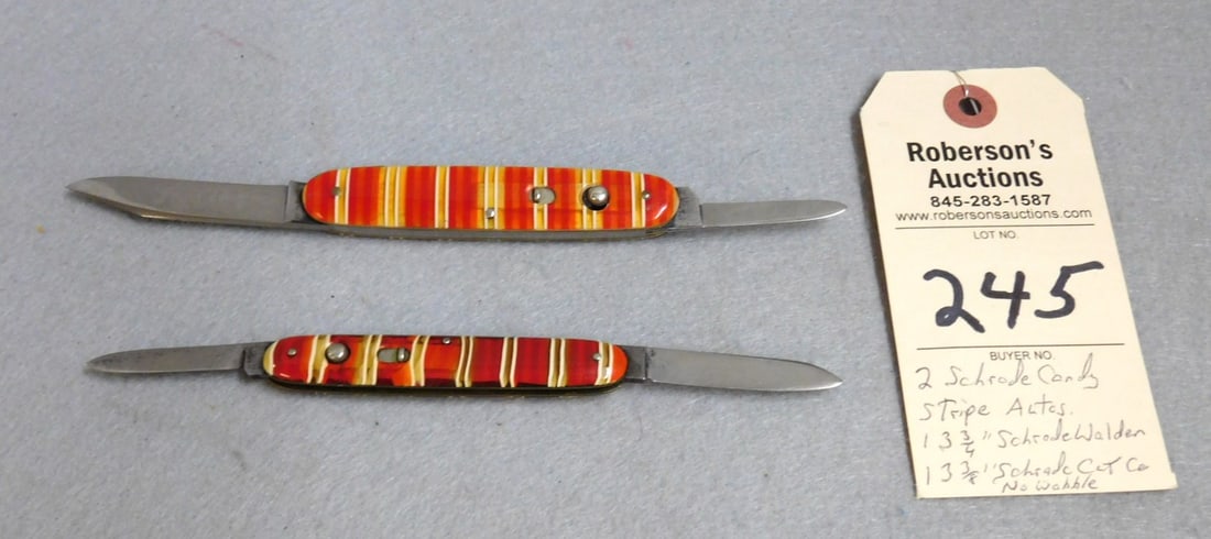 2 - Schrade Automatic Knives: 2 - Schrade Automatic Knives: 1) 2 Blade Candystripe Handles 3 3/4", Schrade Walden Tang Stamp, Fire Wells, No Wobble 1) 2 Blade Candystripe Handles, No Cracks, Schrade Cutco Stamp, Fires Well, No Wob