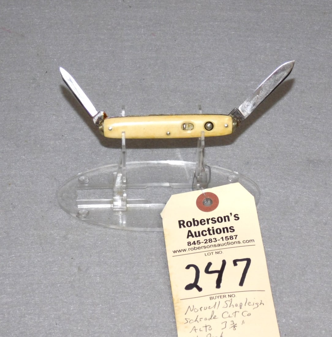 N.Shapleigh Schrade Cutco Auto. Knife: Norvell Shapleigh Schrade Cutco Automatic Knife 3 3/8", Diamond Edge Etch, Celluloid Handles, No Cracks, Fires Well, No Peek in VG Cond.