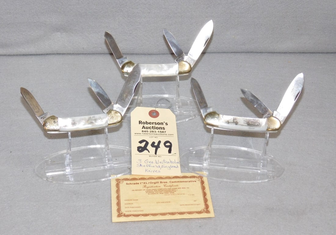 3 - Geo.Wostenholm IXL Knives: 3 - Geo. Wostenholm IXL Pearl Handle Knives: 1) 2-Marked "Orgill Bros. & Co. Inc. Incl. #'s 145 & 178 Hardware & Cutlery; 1) Unmarked, All 3 5/8" in VG Cond.