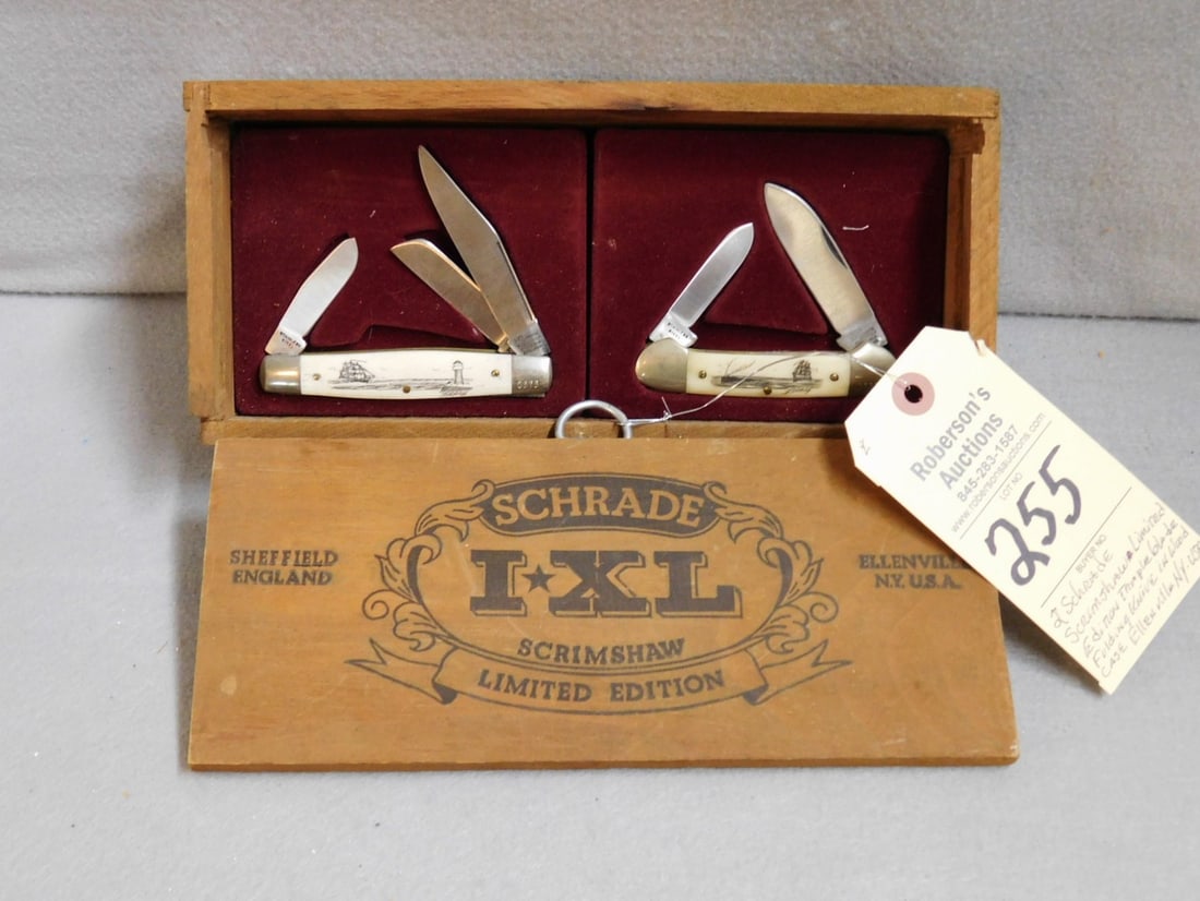 2 - Schrade Scrimshaw Folding Knives: 2 - Schrade Scrimshaw Limited Edition Triple Blade Folding Knives in Wood Case, Ellenville, NY USA. - Case 10 1/2" x 3" x 5"; Knives 3 1/2" Ea.