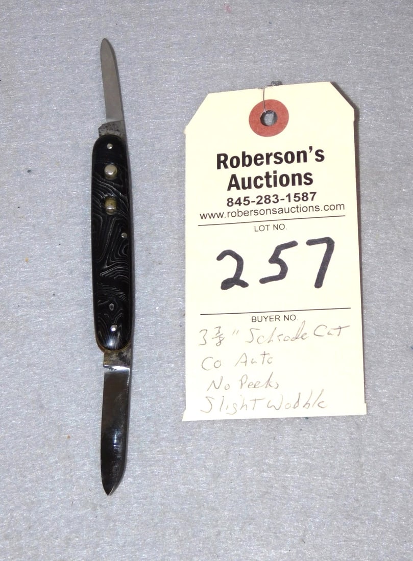 Schrade Cutco Automatic Knife: Schrade Cutco Automatic 3 3/8" Knife, Black Swirl w/Celluloid Handles, No Cracks, Fires Well, No Peeks, Slight Wobble in VG Cond.