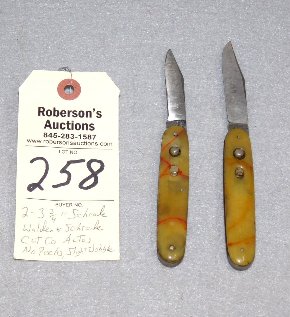 2 - Schrade Automatic 3 3/4" Knives: 2 - Schrade Automatic 3 3/4"Knives w/Celluloid Handles, No Cracks, Both Single Blade: 1) Schrade Cutco 1) Schrade Walden, Both Fire Well, No Peeks in GD Cond.