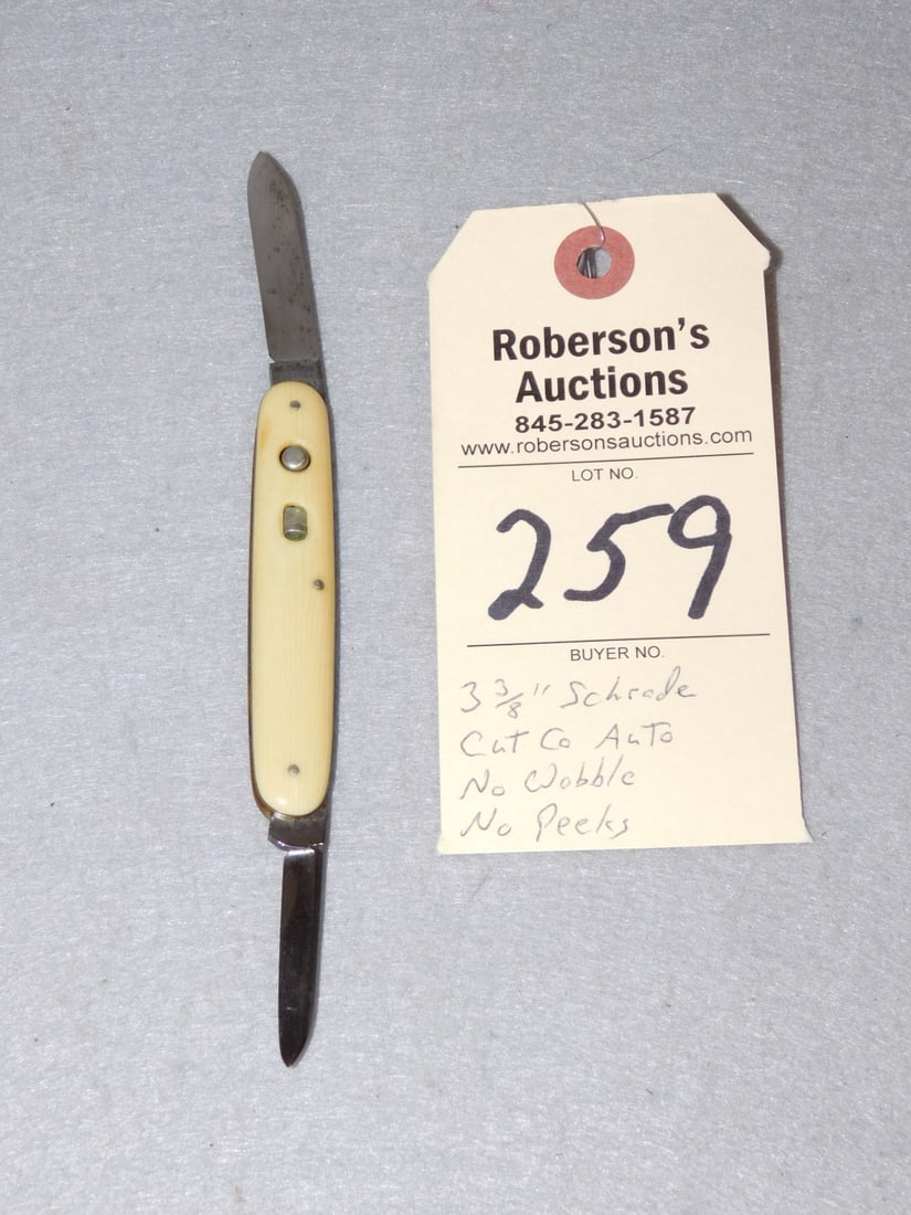 Schrade Cutco 3 3/8"Automatic Knife: Schrade Cutco 3 3/8"Automatic Knife w/ Celluloid Handles, No Cracks, Fires Well, No Wobble, No Peak in VG Cond.