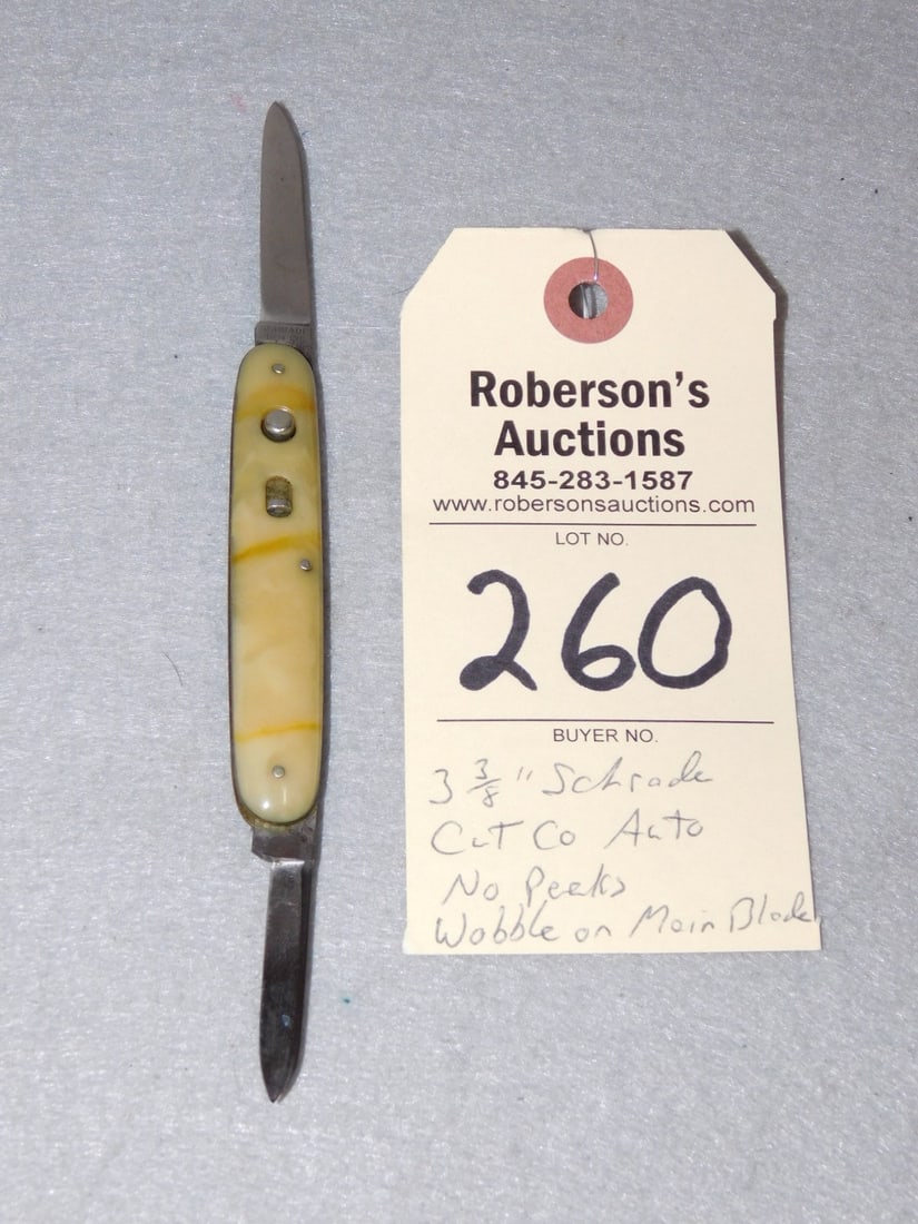 Schrade Cutco 3 3/8" Automatic Knife: Schrade Cutco 3 3/8" Automatic Knife w/ Celluloid Handles, No Cracks, Fires Well, No Peaks, Wobble in Main Blade in VG Cond.