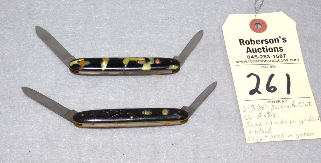 2 - Schrade Cutco 3 3/8" Auto. Knives: 2 - Schrade Cutco 3 3/8" Automatic Knives. 1) Yellow & Black Celluloid w/Cracks, Stainless Steel Blades, Fires Well, No Peeks 1) Schrade Cutco 3 3/8" Automatic Knife w/Green Celluloid Handles in GD Co