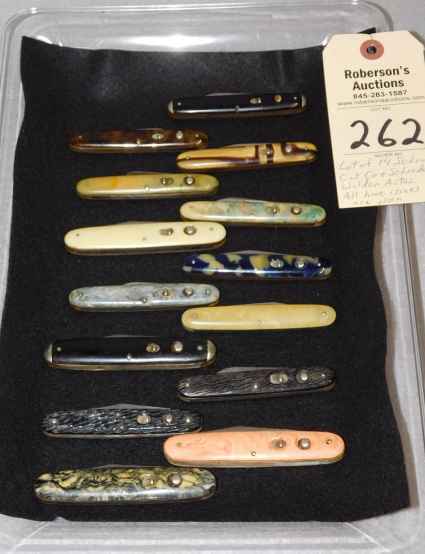 14 - Schrade Cutco Automatic Knives: 14 - Schrade Cutco and Schrade Walden Automatic Knives, All Have Issues and Need Work, .All w/Celluloid Handles in Fair Cond. Sz. Range from 3 1/2"- 4"