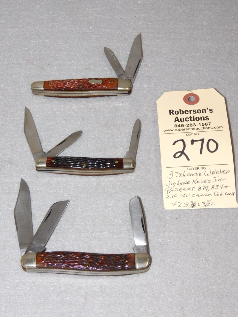 3 - Schrade Walden Jig Bone Knives: 3 - Schrade Walden Jig Bone Knives Incl.Patterns 879, 834, & 236, No Cracks in GD Cond. - 4"L, 3 3/8"L, 3 1/2"L