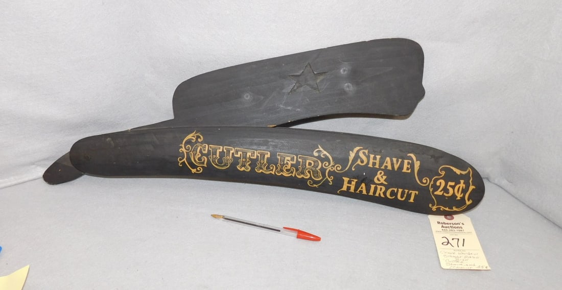Wooden Straight Razor Store Display: Wooden Straight Razor Store Display "Cutler Shave & a Haircut 25 Cents" in GD Cond. (Sign 27" x 10" x 2")