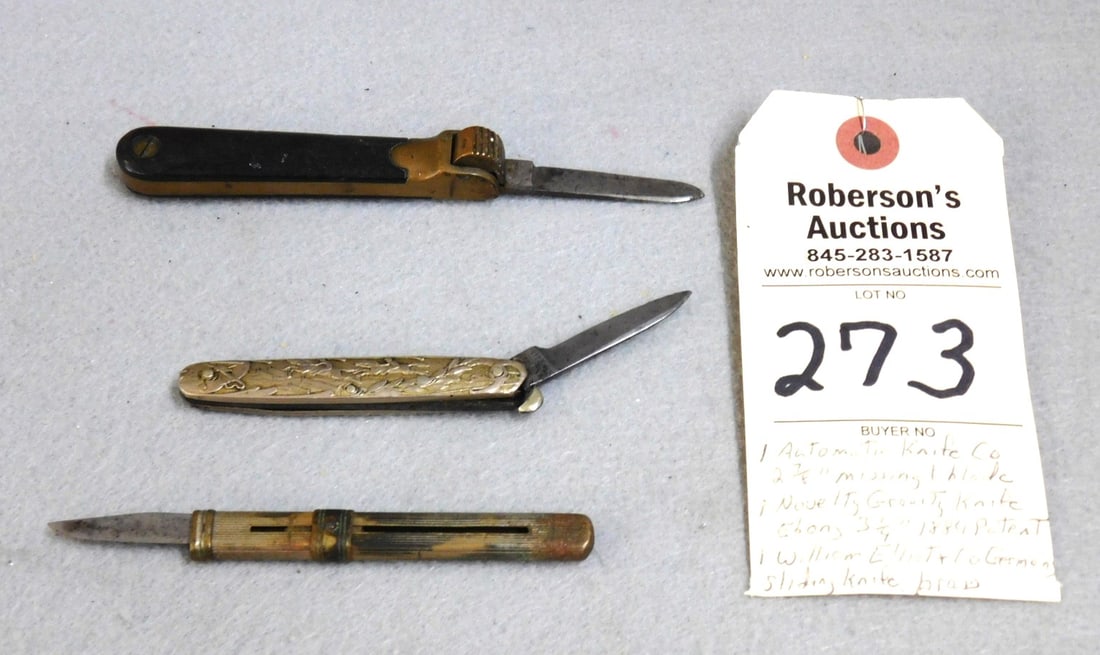 3 - Unique Knives: 3 - Unique Knives: 1) Automatic Knife Co., Wilzin's Patent - 2 7/8", Knife Missing 1 Blade; 1) Novelty Gravity Knife, Patent Nov.11, 1884 w/Ebony Handles - 3 1/4"Knife; 1) William Elliot & Co.