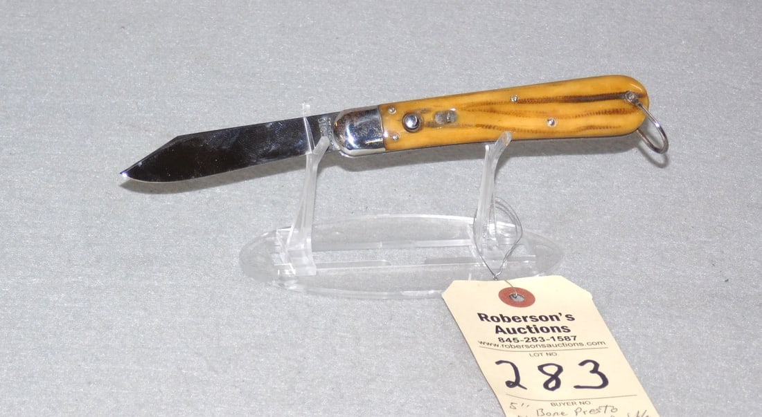 Presto Geo. Schrade Bridgeport 5"Knife: Presto Geo. Schrade Bridgeport Automatic 5" Knife, Groove Bone Handles,1)Shallow Crack at Front Pin Near Bolster, Some Blade Wobble, Blade Cleaned, Fires Great, No Peeks in VG Cond.