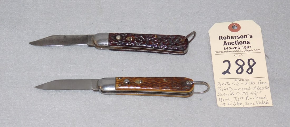 2 - Presto & Schrade Automatic Knives: 2 - Presto & Schrade Automatic Knives: 1) Presto w/Shackle Brown Bone, Has Tight Pin Crack at Bolster Pin, No Peeks; 1) Schrade Cutco 4 1/4"Automtoive Knife w/ Shackle, Brown Bone w/1 Tight Pin Crack 