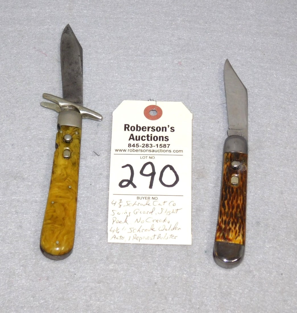 2 Schrade Auto. Knives: 2 Schrade Automatic Knives: 1) Swing Guard 4 7/8" Schrade Cutco Automatic Knife w/Celluloid Handles, No Cracks, Weak Spring; 1) 4 1/4" Schrade Walden Automatic Knife w/ Unusual Rear Bolsters, Bone Han
