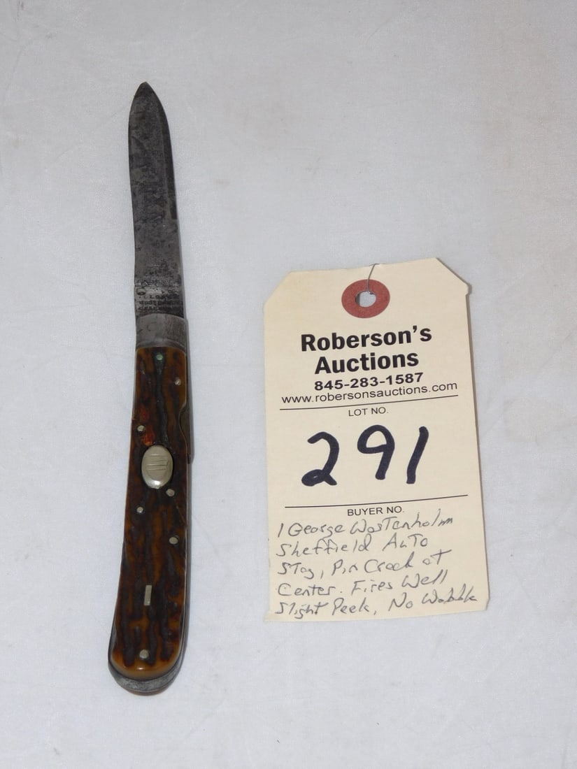 Geo.Wastenholm Automatic Knife: Geo.Wastenholm Automatic Knife - Vintage Sheffield w/ Stag Handles, 1 Pin Crack at Center Pin, Backlock, Fires Well, No Wobble, "IXL" Engraved in Blade, Slight Peek in VG Cond.